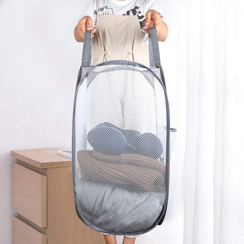 Buenod Mesh Pop up Laundry Hamper, Collapsible for Storage, Portable Folding Pop-Up Clothes Hamper Laundry Basket for Home Room, College Dorm or Travel, Grey - Image 2